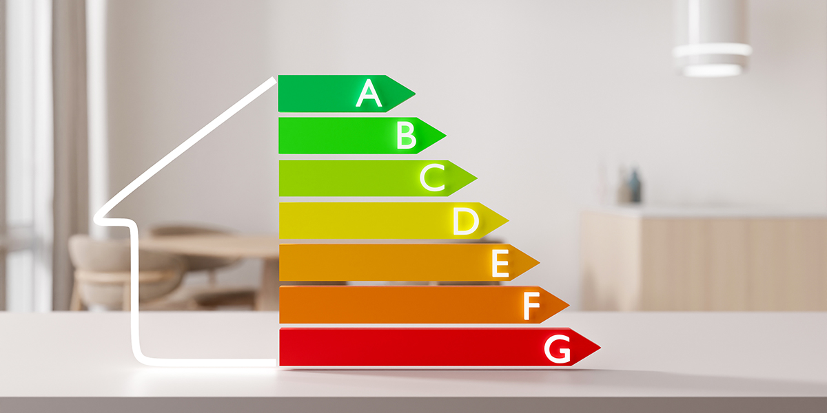 Dessin d'un maison avec le barême coloré DPE de A à G